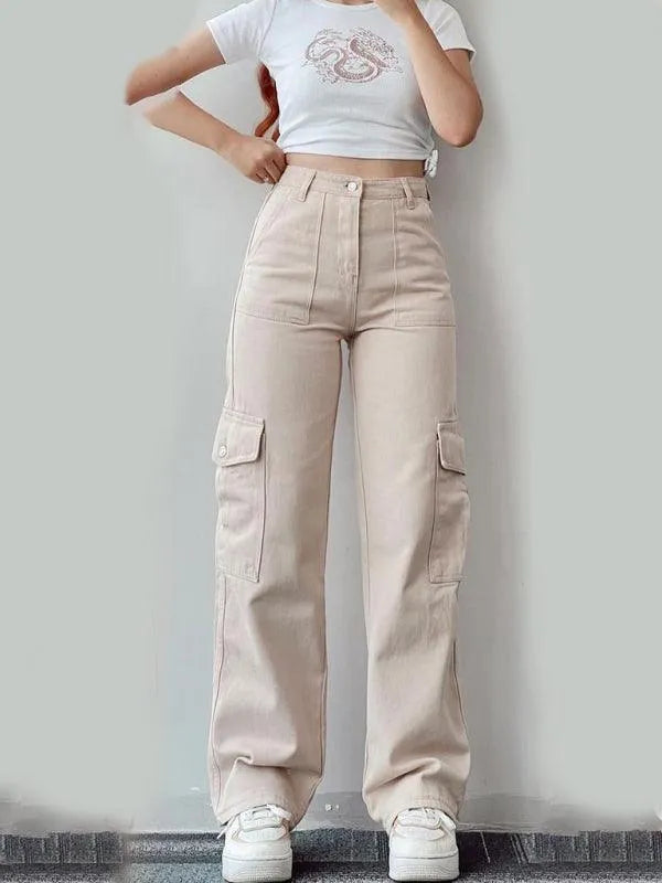 Casual Women Cargo Pants – Mid Rise Button Front -Guocali