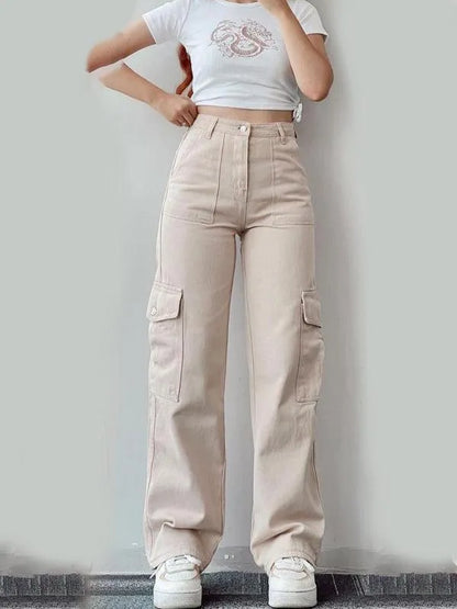 Casual Women Cargo Pants – Mid Rise Button Front -Guocali