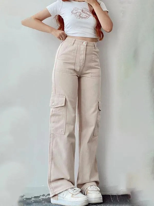 Casual Women Cargo Pants – Mid Rise Button Front -Guocali