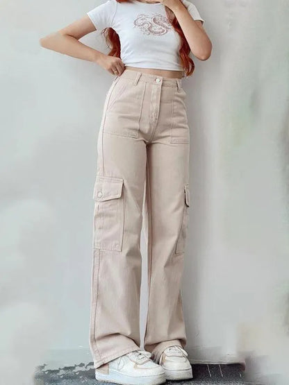 Casual Women Cargo Pants – Mid Rise Button Front -Guocali