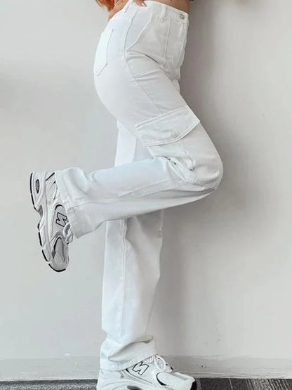 Casual Women Cargo Pants – Mid Rise Button Front -Guocali