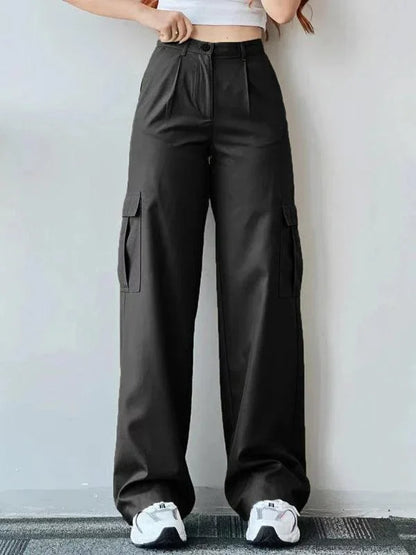 Casual Women Cargo Pants – Mid Rise Button Front -Guocali