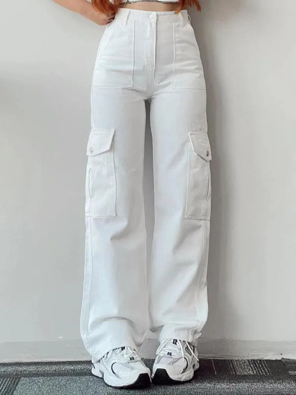 Casual Women Cargo Pants – Mid Rise Button Front -Guocali