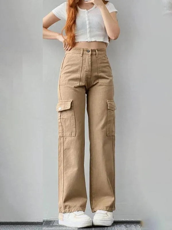 Casual Women Cargo Pants – Mid Rise Button Front -Guocali