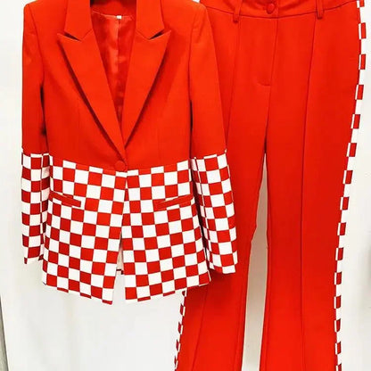 Checkered Block Blazer, Flare Pants Suit -Guocali
