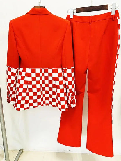 Checkered Block Blazer, Flare Pants Suit -Guocali
