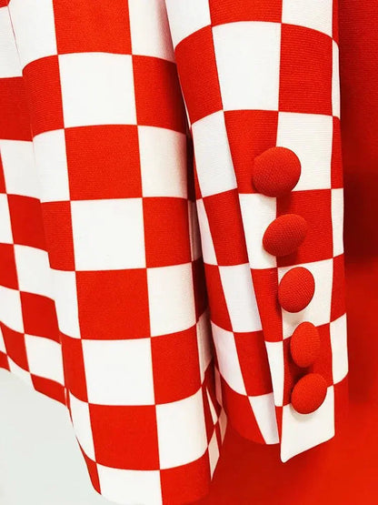 Checkered Block Blazer, Flare Pants Suit -Guocali