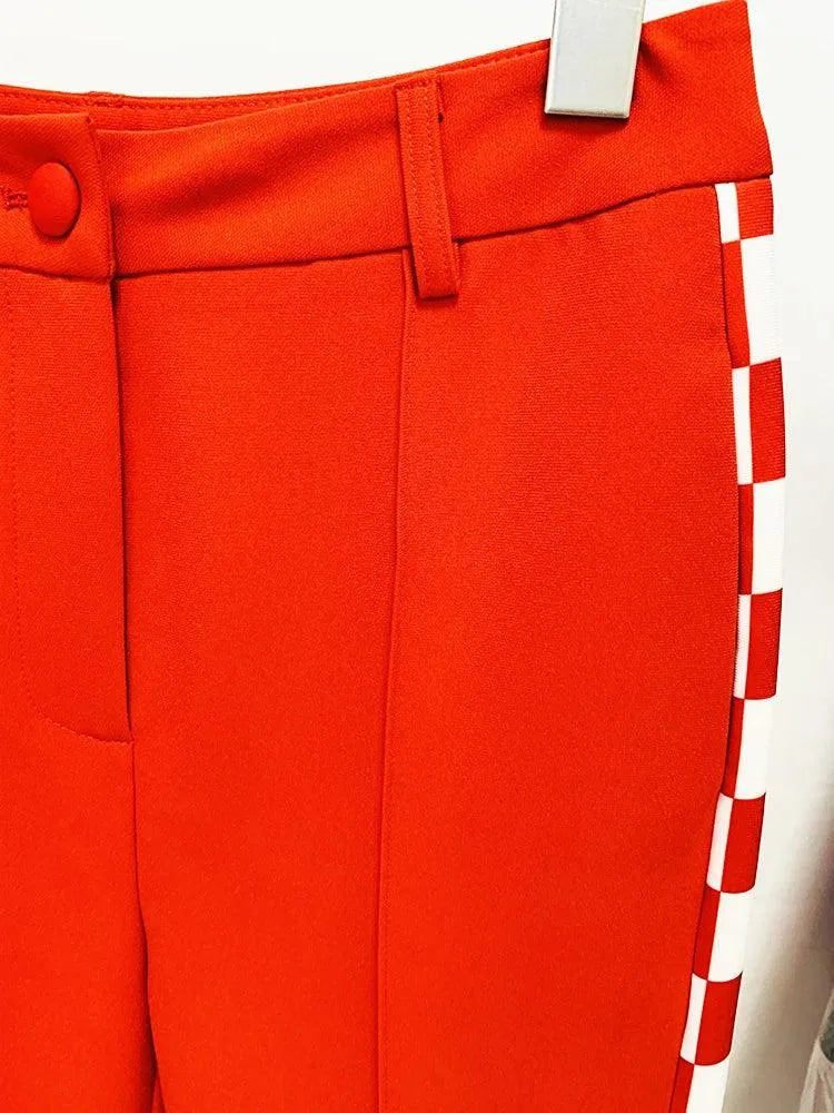 Checkered Block Blazer, Flare Pants Suit -Guocali