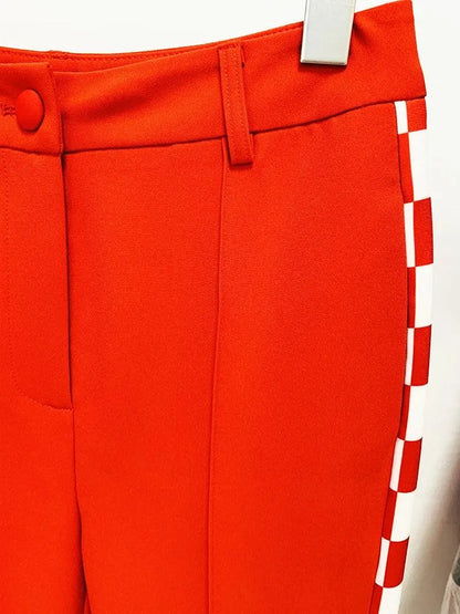 Checkered Block Blazer, Flare Pants Suit -Guocali