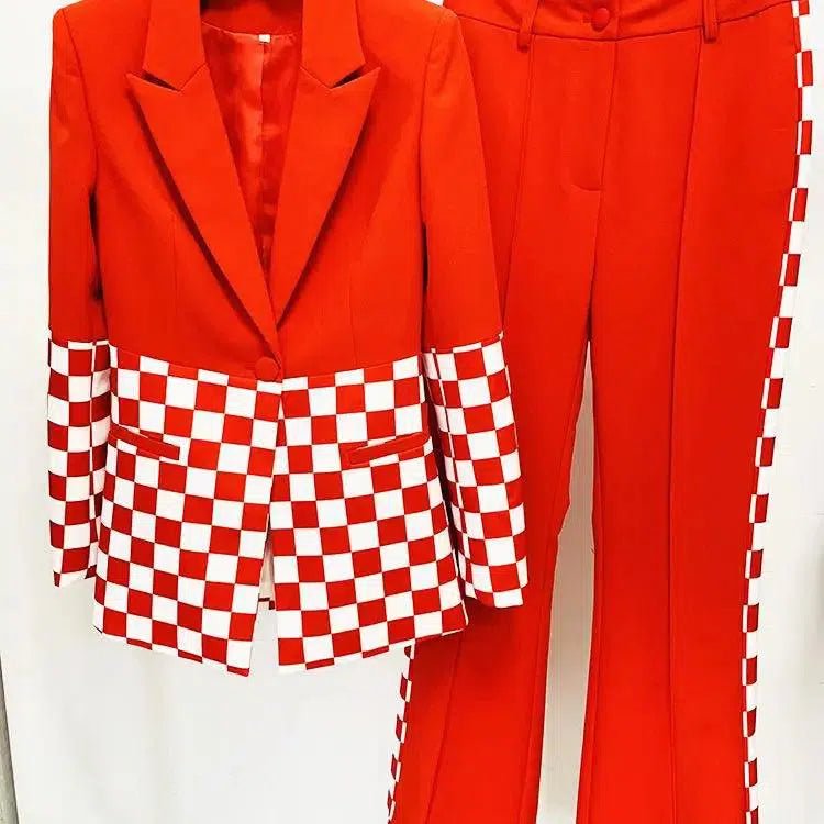 Checkered Block Blazer, Flare Pants Suit - Pantsuit - Guocali