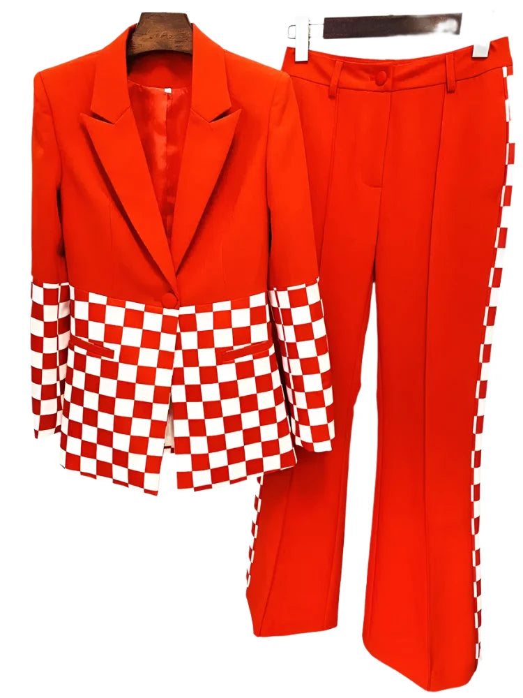 Checkered Block Blazer, Flare Pants Suit - Pantsuit - Guocali