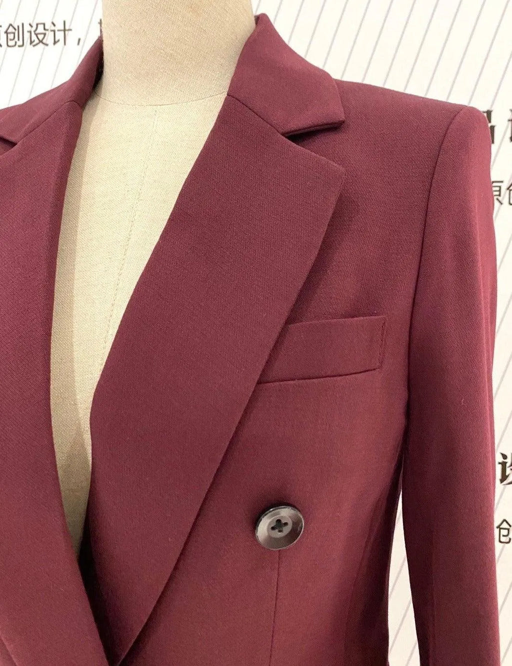 Chic Women's Pant Suit - Solid Double-Breasted - Burgundy
