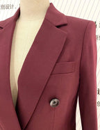 Chic Women's Pant Suit - Solid Double-Breasted - Burgundy