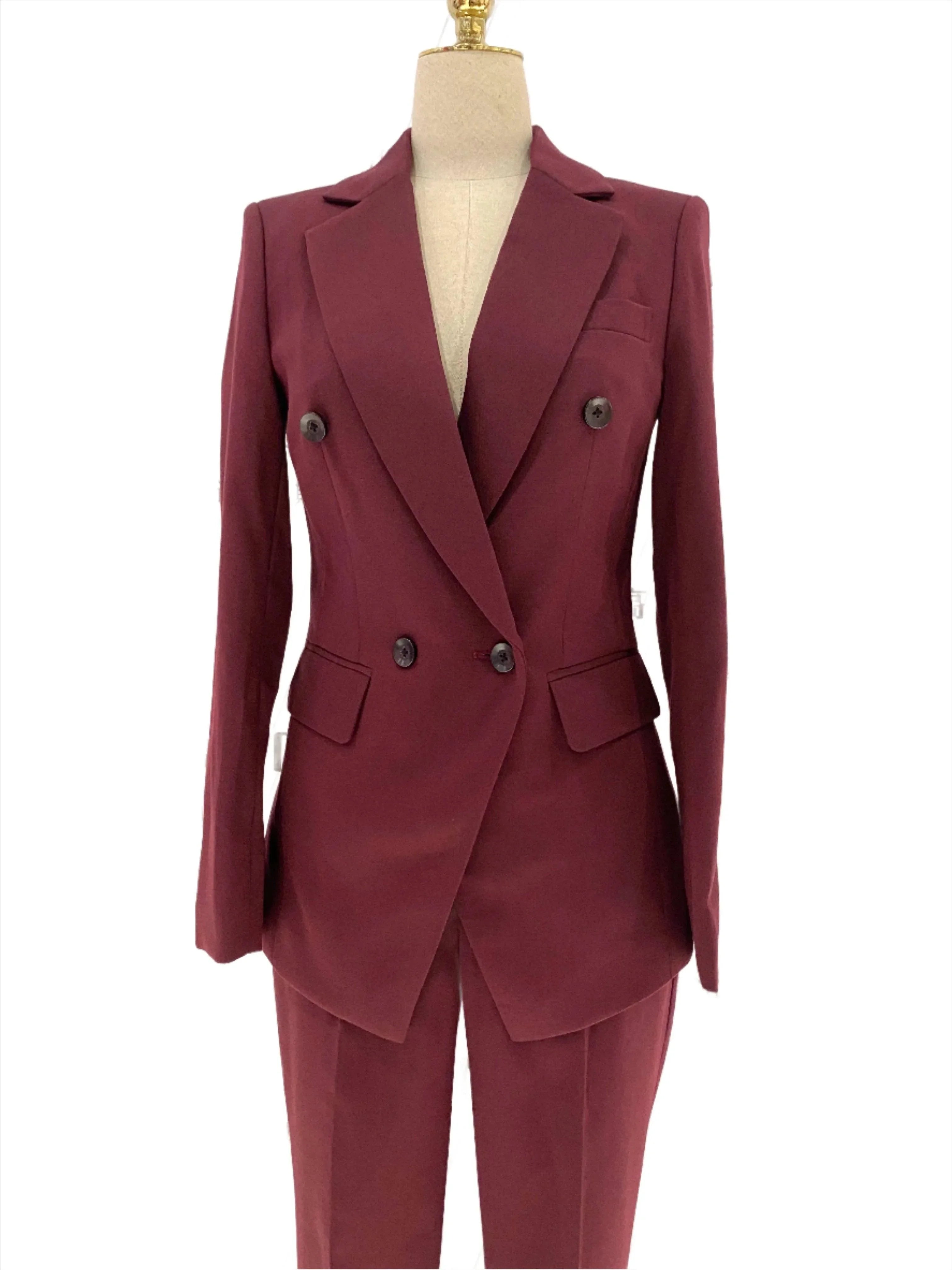 Chic Women's Pant Suit - Solid Double-Breasted - Burgundy