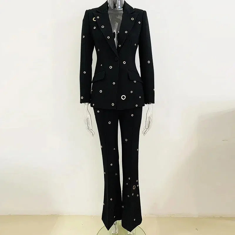 Chic Women's Pant Suit - Solid Single-Breasted, Black