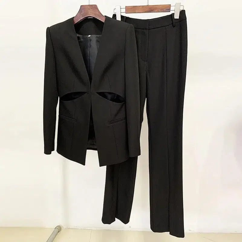 Chic Women's Pant Suit - Solid Zipper, Black