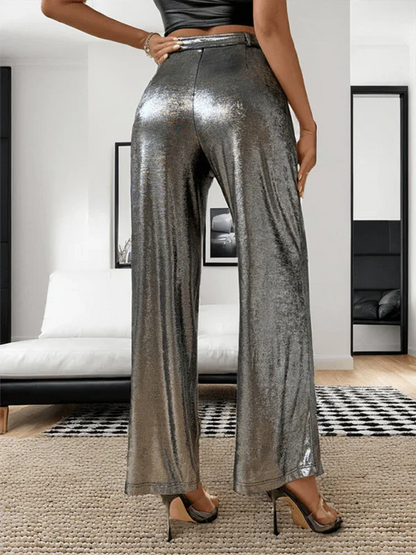 Chic Women Trousers – High-Waist Metallic Finish -Guocali