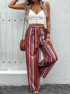 Chic Women Wide Leg Pants – High-Waist Striped Polyester -Guocali