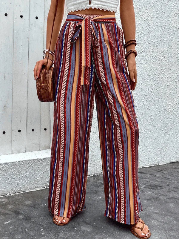 Chic Women Wide Leg Pants – High-Waist Striped Polyester -Guocali