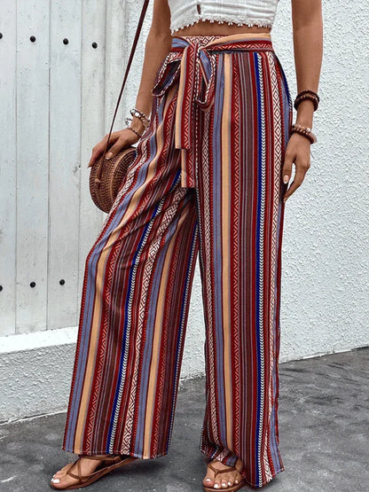 Chic Women Wide Leg Pants – High-Waist Striped Polyester -Guocali