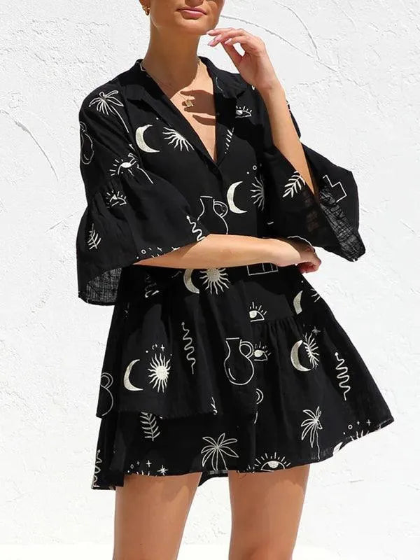 Comfortable Trumpet Sleeve Ethnic Dress -Guocali