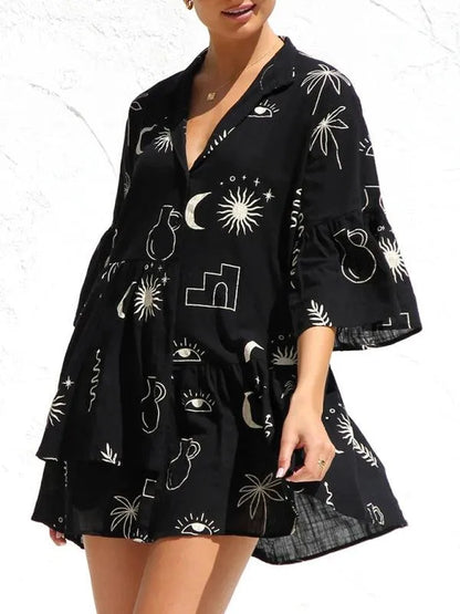 Comfortable Trumpet Sleeve Ethnic Dress -Guocali