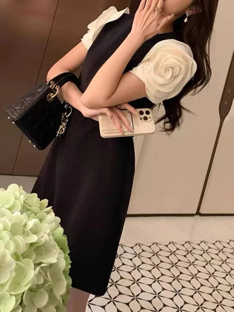 Contrasting Splicing Flower Short Dress -Guocali