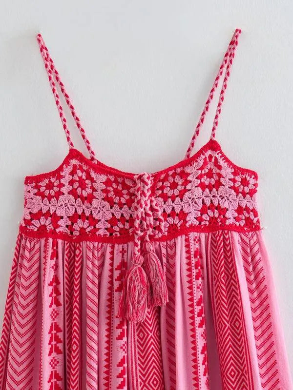 Crochet Patchwork Knitted Ethnic Slip Dress -Guocali