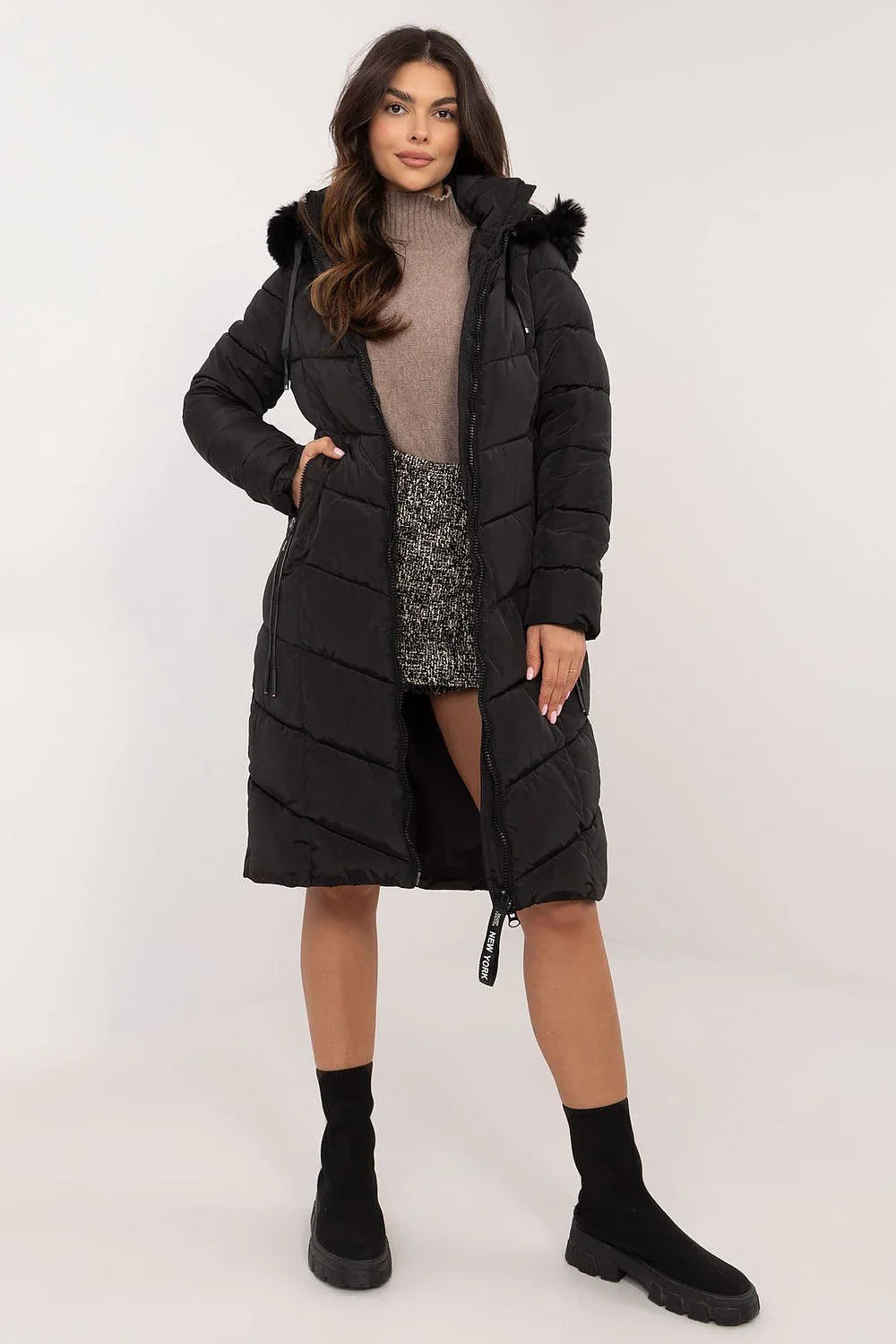 Women's Quilted Jacket, Down Jacket, Puffer Jacket - Hooded Elegant, Chic, Casual - Black