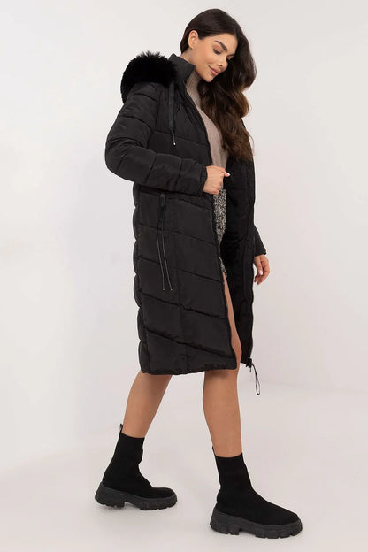 Women's Quilted Jacket, Down Jacket, Puffer Jacket - Hooded Elegant, Chic, Casual - Black