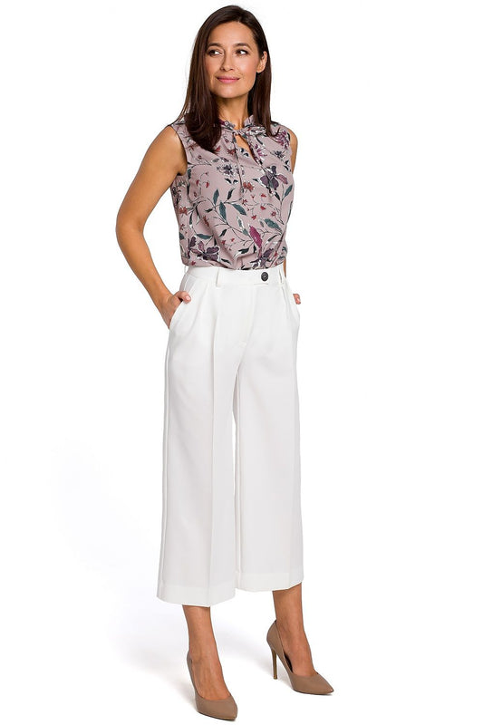 Chic Professional Elegant Women Cropped Wide-Leg Pants – Mid-Waist Pleated