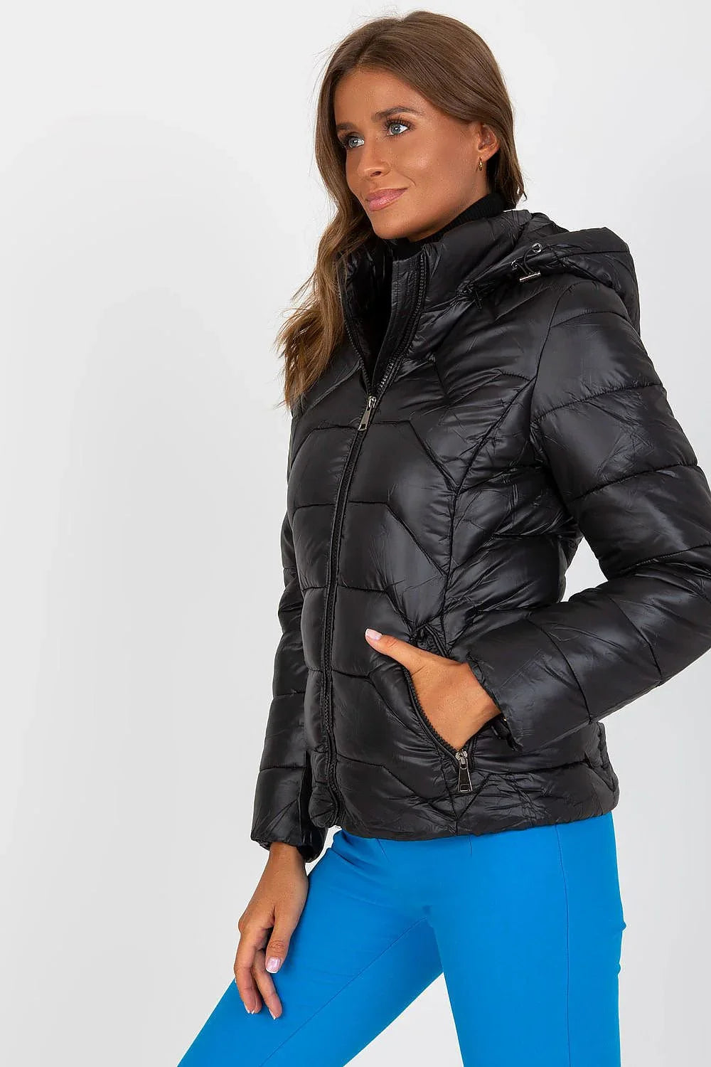 Women's Quilted Jacket - Hooded Casual - Black