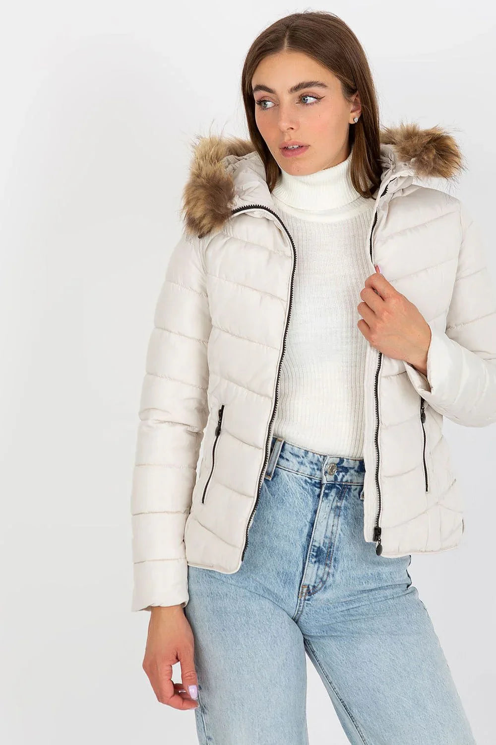 Women's Puffer Jacket - Hooded Chic, Casual - Beige