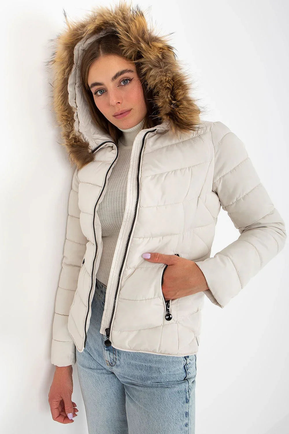 Women's Puffer Jacket - Hooded Chic, Casual - Beige