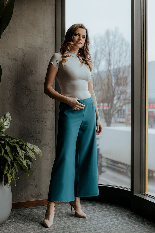 Chic Professional Women Cropped Wide-Leg Pants – High-Rise Stretchable
