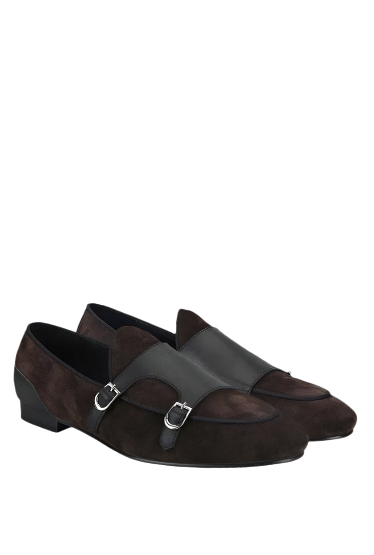 Dark Brown Suede Monk Strap Loafers - Loafer Shoes - Guocali