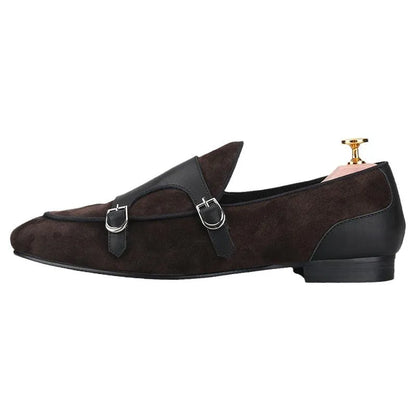 Dark Brown Suede Monk Strap Loafers - Loafer Shoes - Guocali