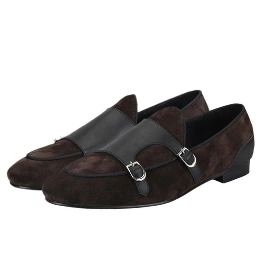 Dark Brown Suede Monk Strap Loafers - Loafer Shoes - Guocali