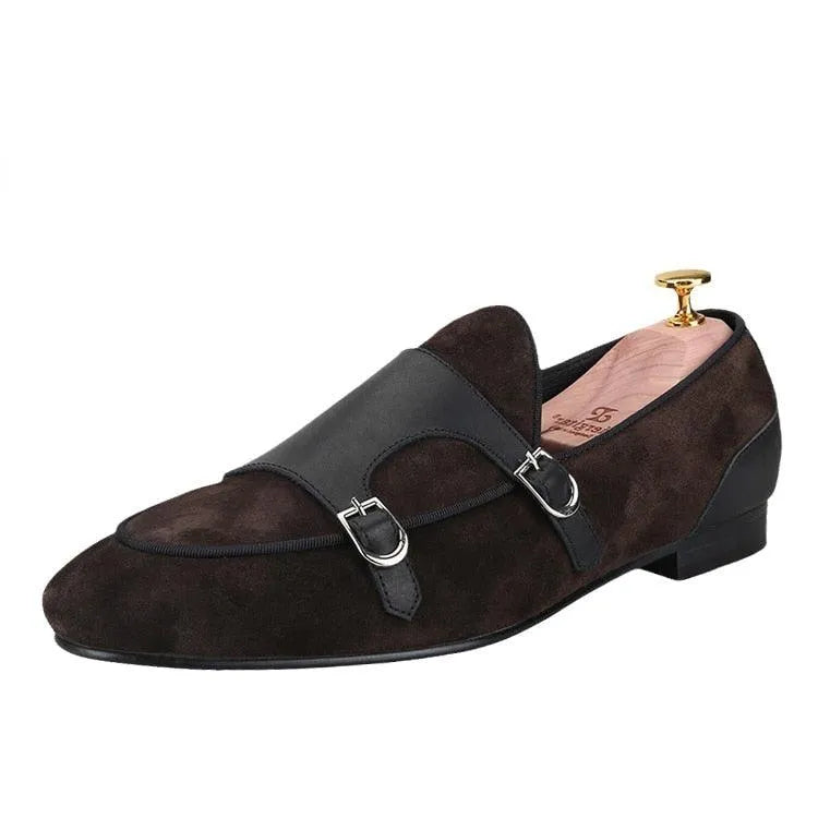 Dark Brown Suede Monk Strap Loafers - Loafer Shoes - Guocali