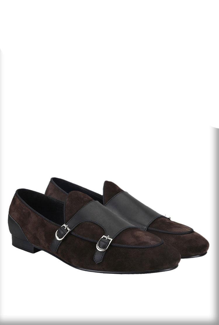 Dark Brown Suede Monk Strap Loafers - Men Shoes - Loafer Shoes - Guocali