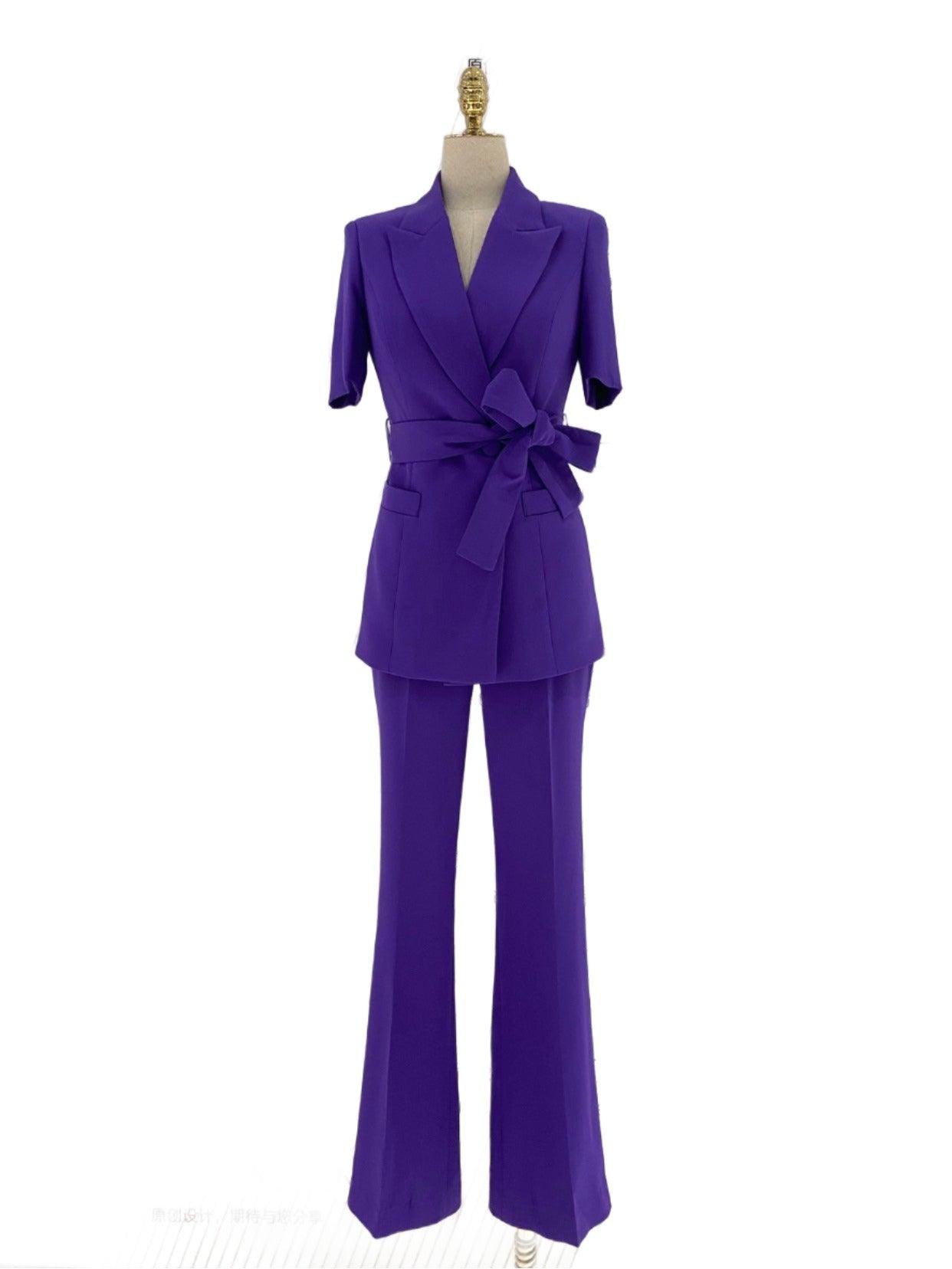 Dark Purple Short-Sleeved Belted Women Pant Suit - Pantsuit - Guocali