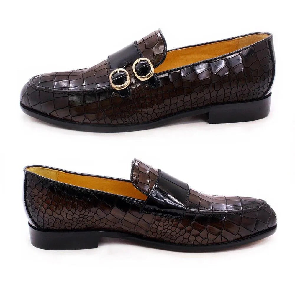 Brown crocodile pattern men's dress loafers with gold buckle on white background