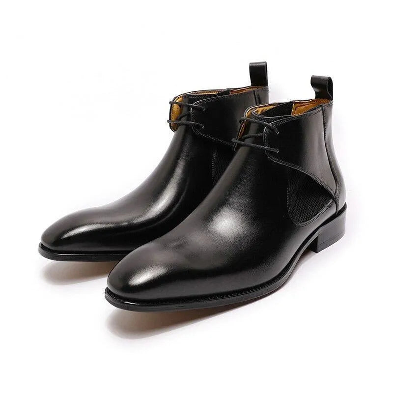 Men's black leather ankle dress boots with laces on a white background