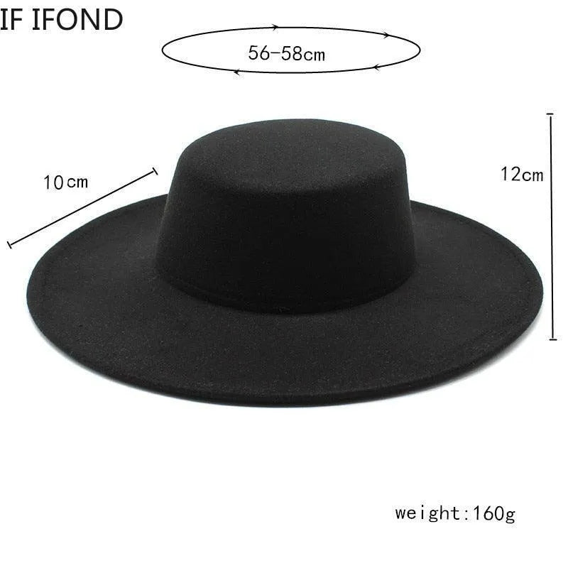 Black derby fedora hat with wide brim, size 56-58cm, weight 160g, product display