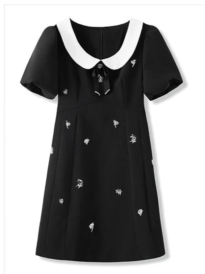 Diamond Studded Black A-Line Dress -Guocali