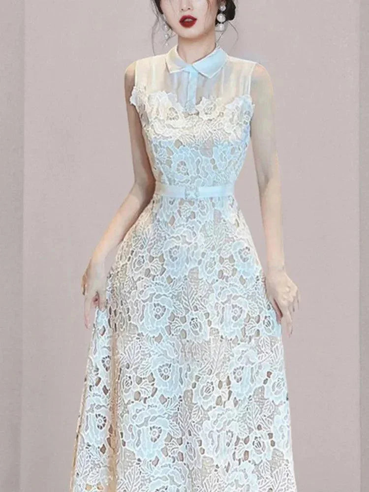 Doll Neck Patchwork Flower Lace Dress -Guocali