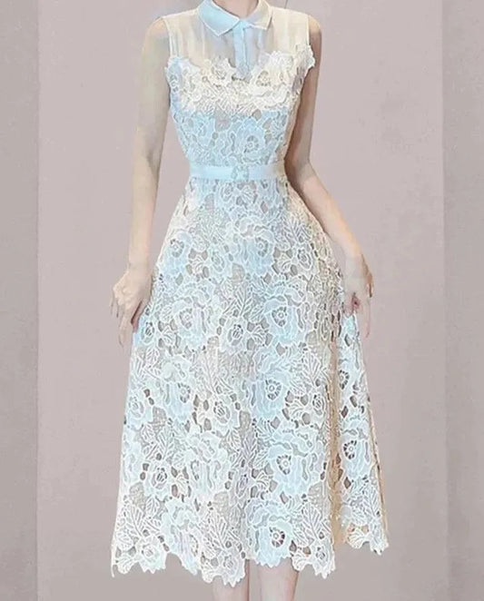 Doll Neck Patchwork Flower Lace Dress -Guocali