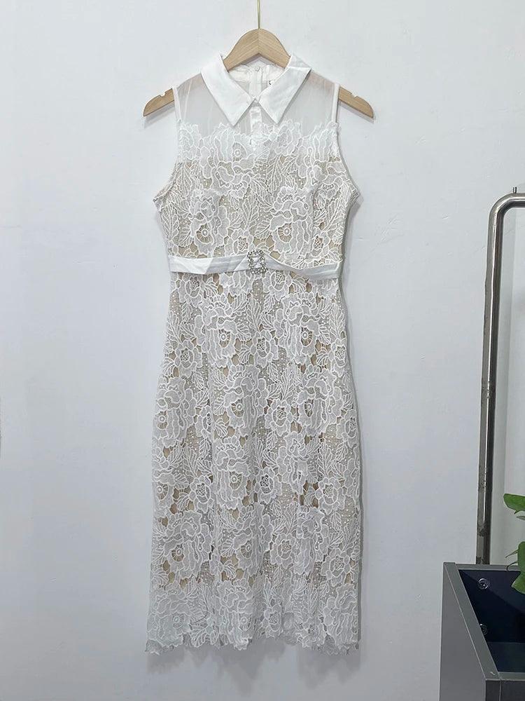 Doll Neck Patchwork Flower Lace Dress - Sleeveless Dress - Guocali