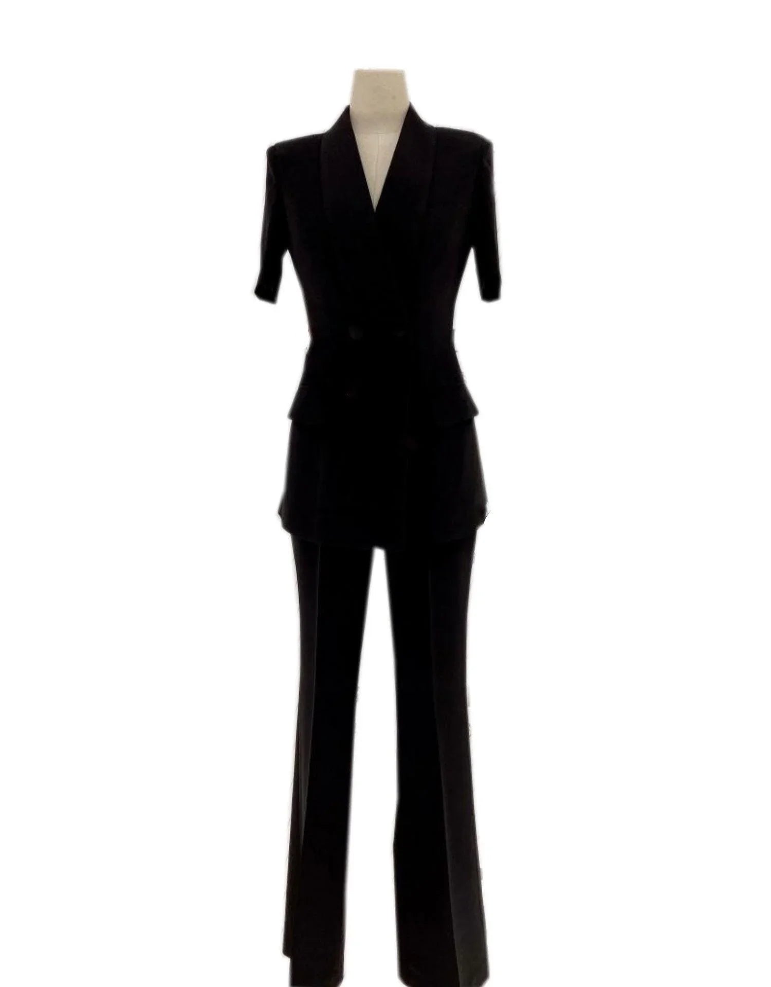 Black double-breasted women's business pantsuit on mannequin, trouser suit set