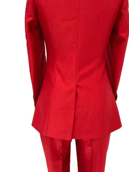 Back view of a red women's double-breasted business pantsuit with blazer and trousers